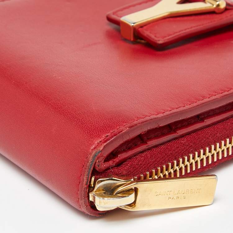 Pre Owned Saint Laurent Red Leather Y line Zip Compact Wallet