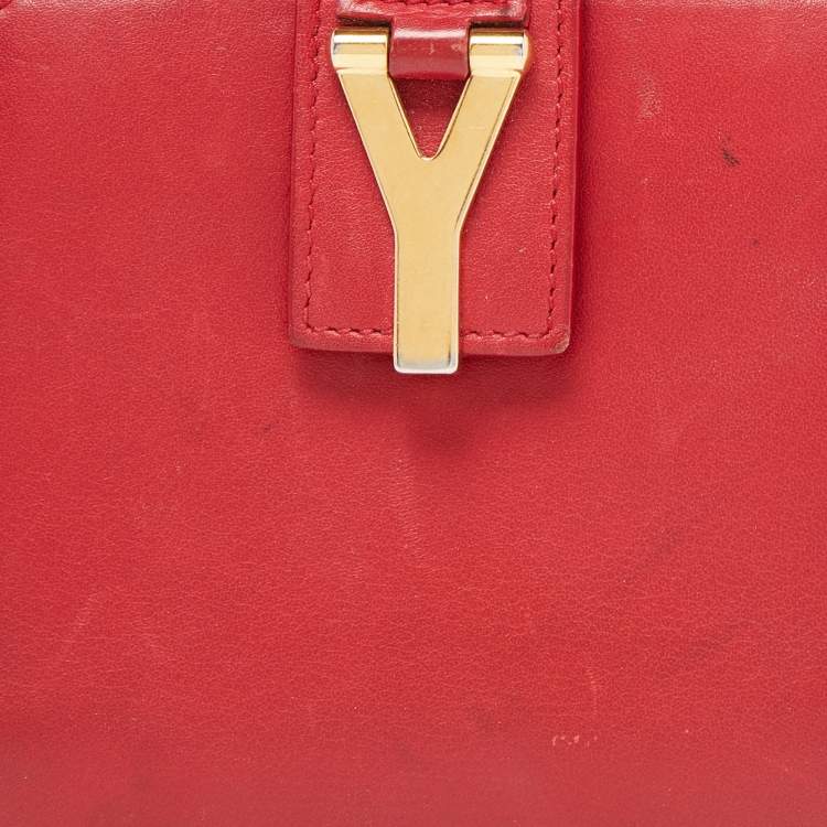 Pre Owned Saint Laurent Red Leather Y line Zip Compact Wallet