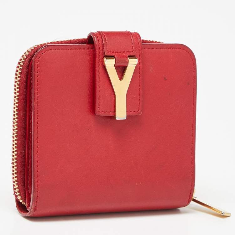 Pre Owned Saint Laurent Red Leather Y line Zip Compact Wallet