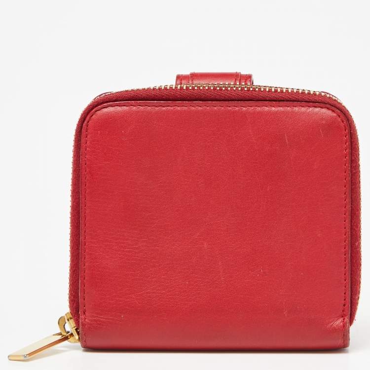 Pre Owned Saint Laurent Red Leather Y line Zip Compact Wallet