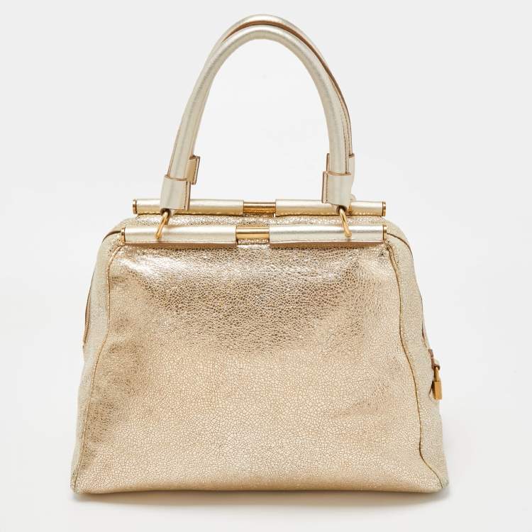 Pre Owned Saint Laurent Gold Textured Leather Medium Majorelle Bag