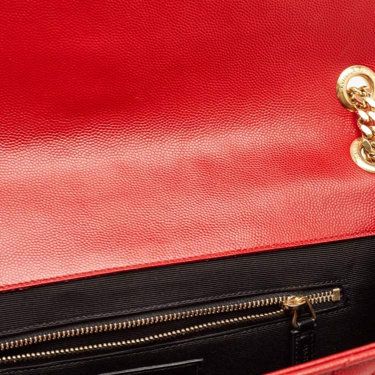 Pre Owned Saint Laurent Red Matelassé Leather Large Monogram Envelope Shoulder Bag