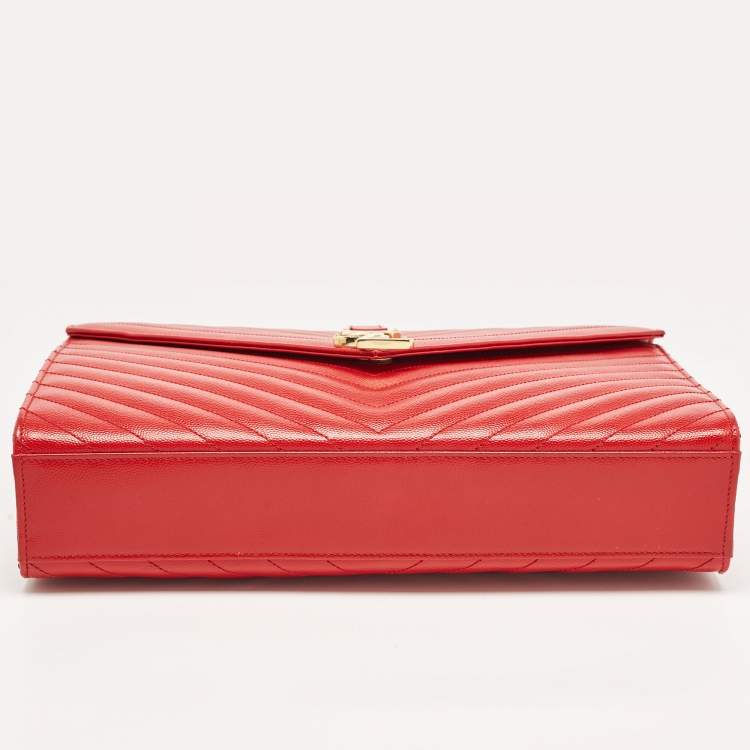 Pre Owned Saint Laurent Red Matelassé Leather Large Monogram Envelope Shoulder Bag