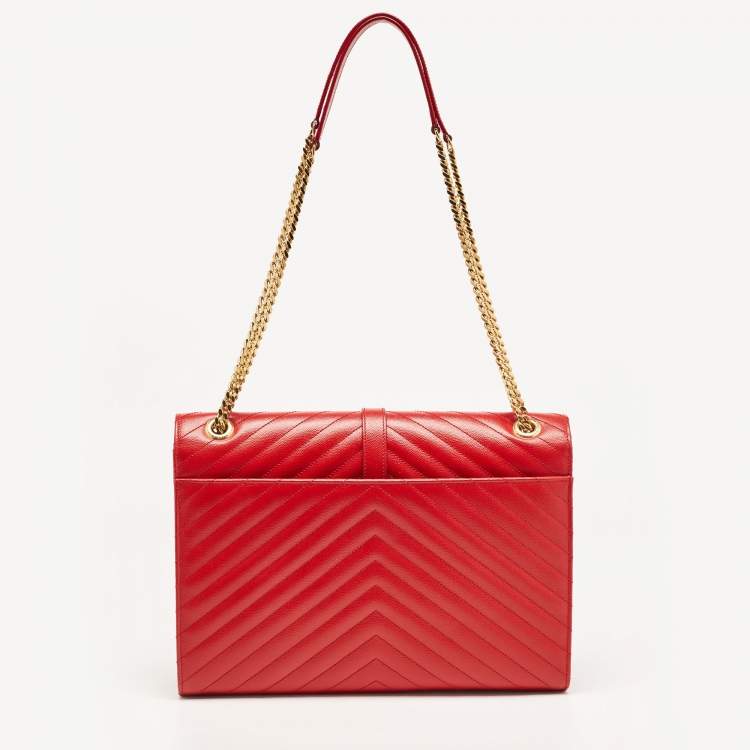 Pre Owned Saint Laurent Red Matelassé Leather Large Monogram Envelope Shoulder Bag