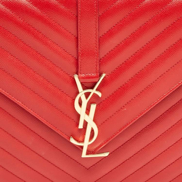 Pre Owned Saint Laurent Red Matelassé Leather Large Monogram Envelope Shoulder Bag