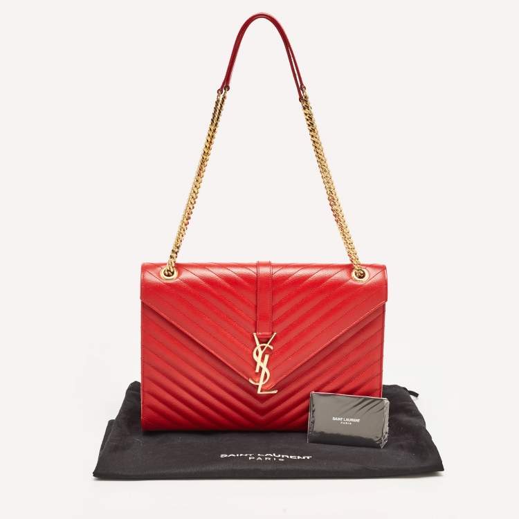 Pre Owned Saint Laurent Red Matelassé Leather Large Monogram Envelope Shoulder Bag