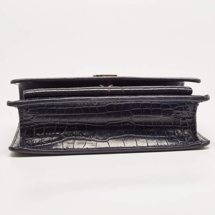 Pre Owned Saint Laurent Navy Blue Croc Embossed Leather Mini Sunset Chain Bag