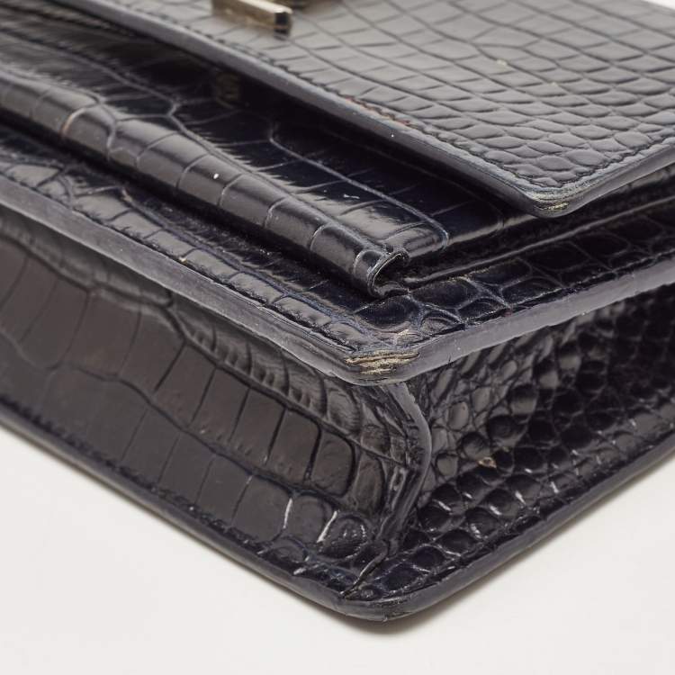 Pre Owned Saint Laurent Navy Blue Croc Embossed Leather Mini Sunset Chain Bag