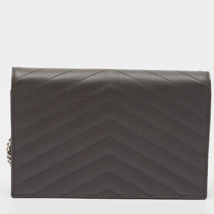 Pre Owned Saint Laurent Grey Matelassé Leather Monogram Envelope Wallet on Chain