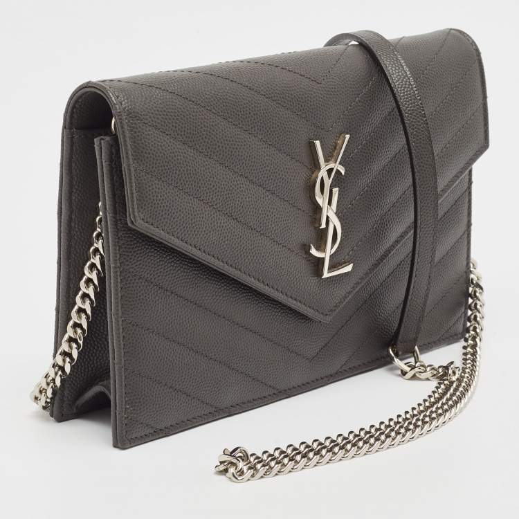 Pre Owned Saint Laurent Grey Matelassé Leather Monogram Envelope Wallet on Chain