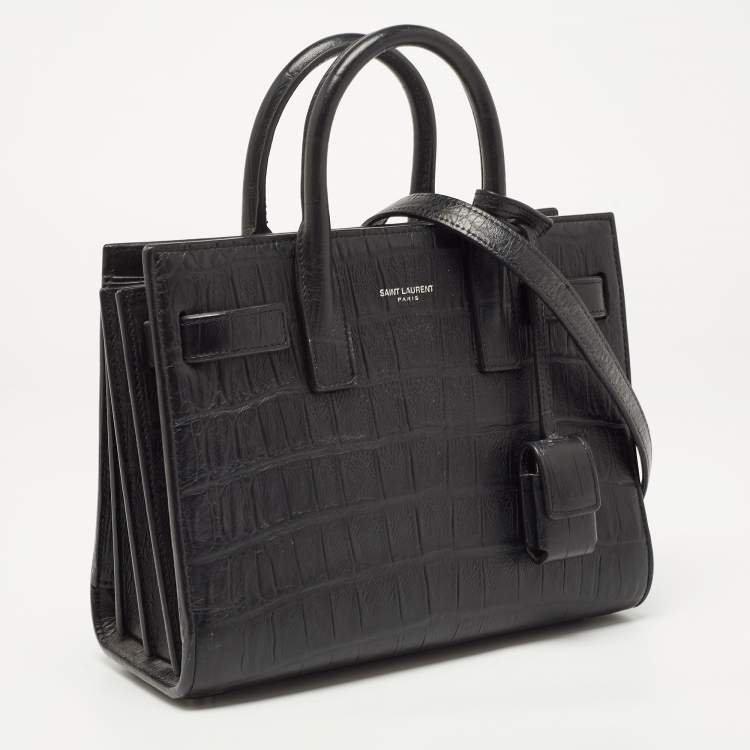 مملوكة مسبقًا Saint Laurent Black Croc Embossed Leather Nano Classic Sac De Jour Tote