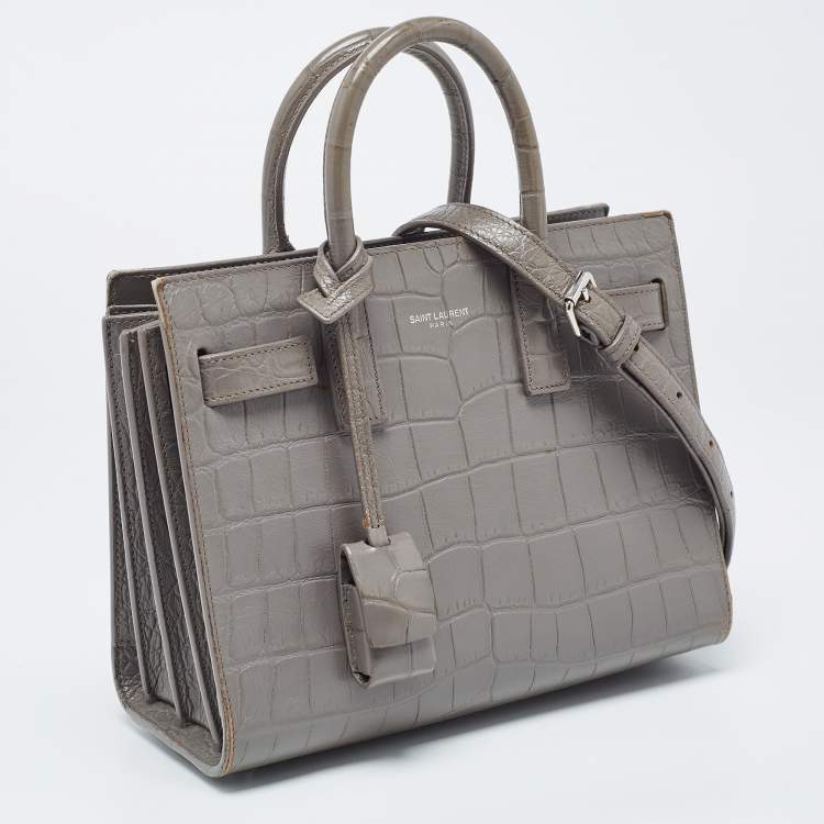 Pre Owned Saint Laurent Grey Croc Embossed Leather Nano Classic Sac De Jour Tote