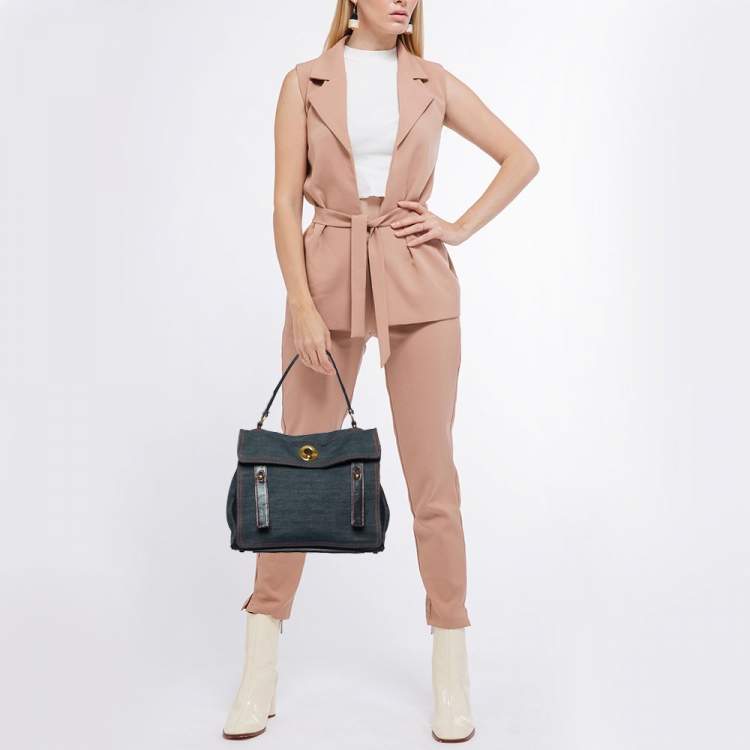Pre Owned Yves Saint Laurent Black Denim, Suede and Patent Leather Medium Muse Two Satchel