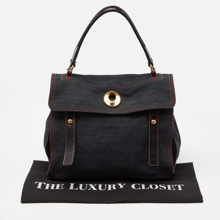 Pre Owned Yves Saint Laurent Black Denim, Suede and Patent Leather Medium Muse Two Satchel