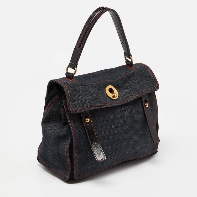 Pre Owned Yves Saint Laurent Black Denim, Suede and Patent Leather Medium Muse Two Satchel
