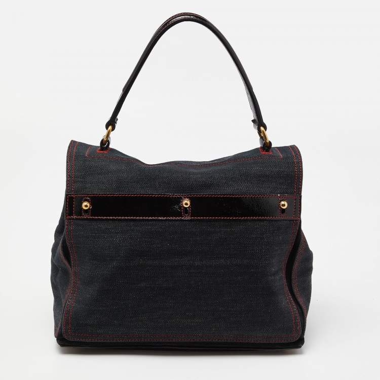 Pre Owned Yves Saint Laurent Black Denim, Suede and Patent Leather Medium Muse Two Satchel