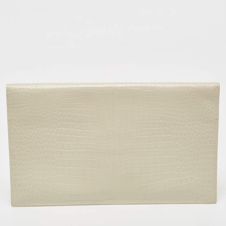 Pre Owned Saint Laurent Ivory Croc Embossed Leather Medium Uptown Pouch