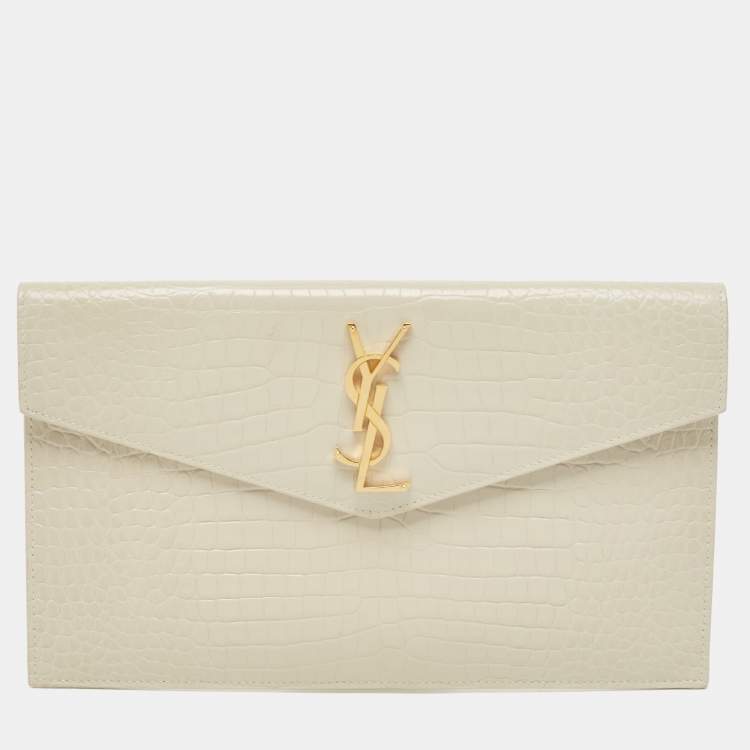 Pre Owned Saint Laurent Ivory Croc Embossed Leather Medium Uptown Pouch