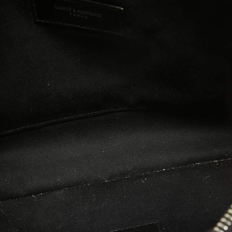 Pre Owned Saint Laurent Beige/Black Raffia and Leather Rive Gauche Zip Wristlet Pouch