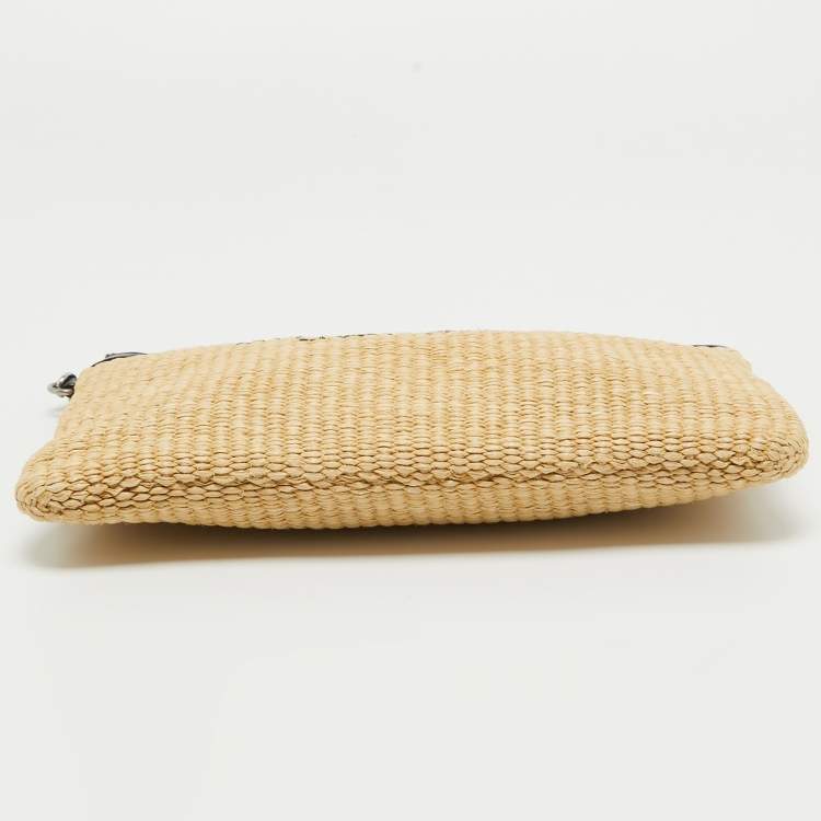 Pre Owned Saint Laurent Beige/Black Raffia and Leather Rive Gauche Zip Wristlet Pouch