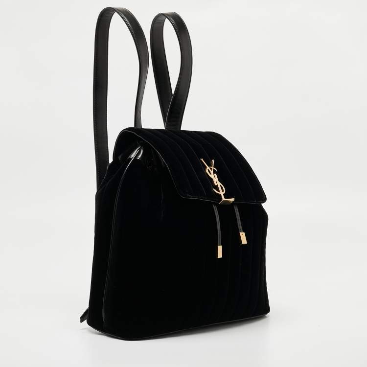 Pre Owned Saint Laurent Black Stripe Quilted Velvet and Leather Loulou Backpack