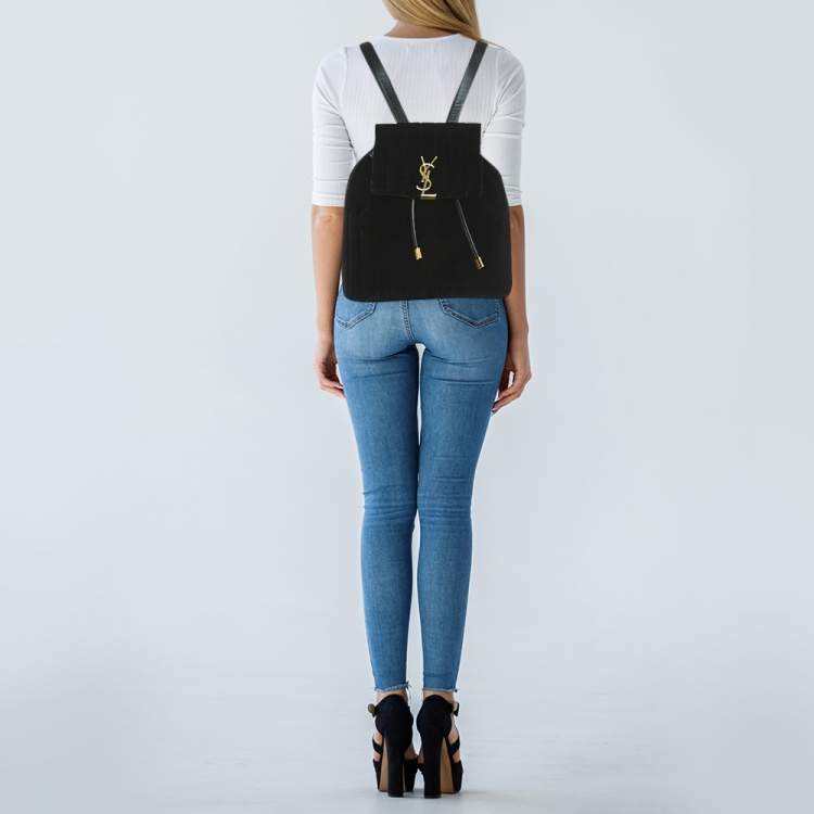 Pre Owned Saint Laurent Black Stripe Quilted Velvet and Leather Loulou Backpack