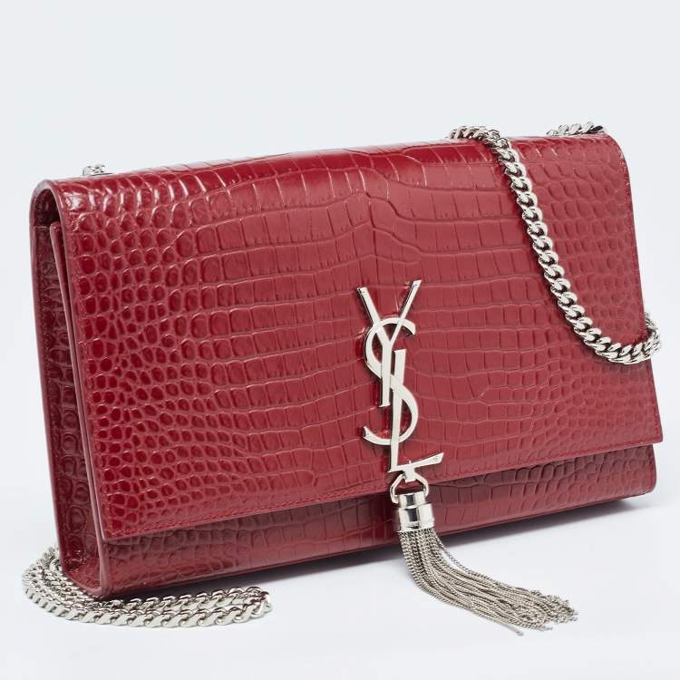 Pre Owned Saint Laurent Red Croc Embossed Leather Medium Kate Tassel Bag