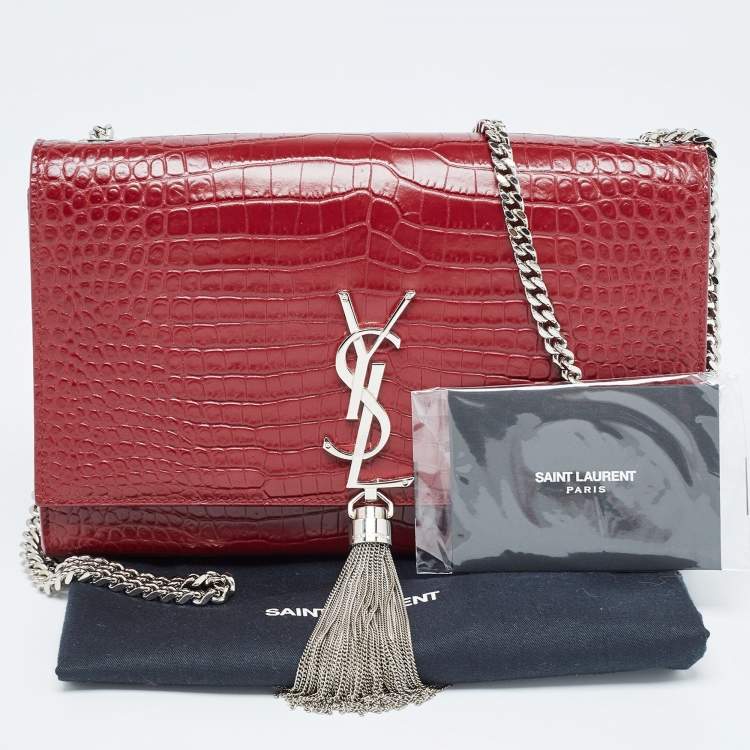 Pre Owned Saint Laurent Red Croc Embossed Leather Medium Kate Tassel Bag