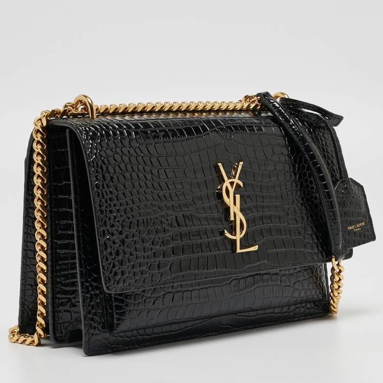 Pre Owned Saint Laurent Black Croc Embossed Leather Medium Sunset Shoulder Bag
