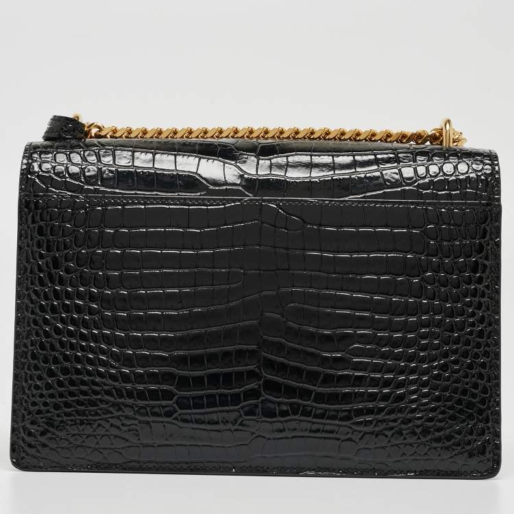 Pre Owned Saint Laurent Black Croc Embossed Leather Medium Sunset Shoulder Bag