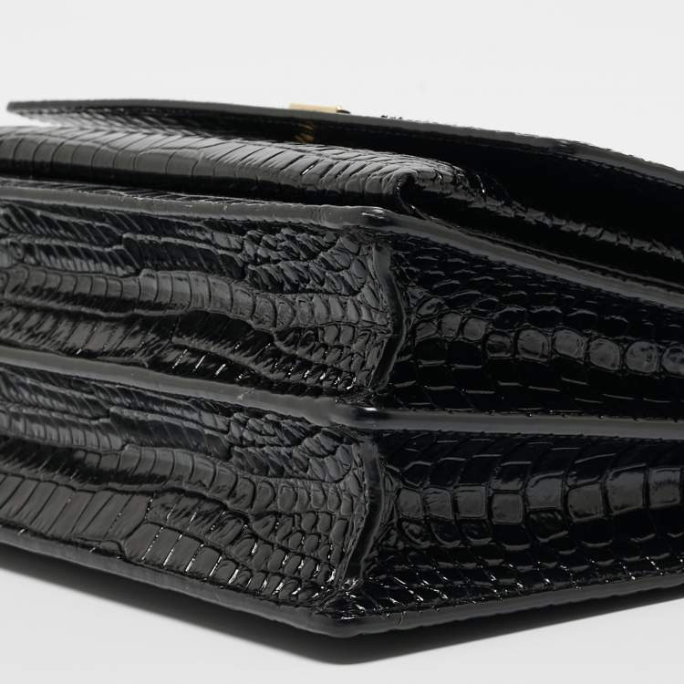 Pre Owned Saint Laurent Black Croc Embossed Leather Medium Sunset Shoulder Bag