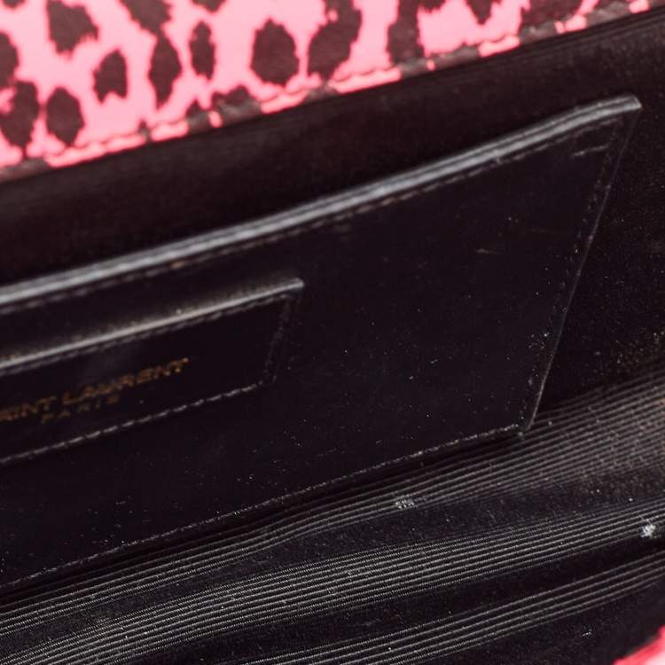 Pre Owned Saint Laurent Neon Pink Leopard Print Leather Monogram Cassandre Clutch