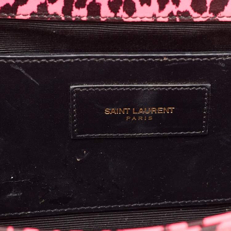 Pre Owned Saint Laurent Neon Pink Leopard Print Leather Monogram Cassandre Clutch