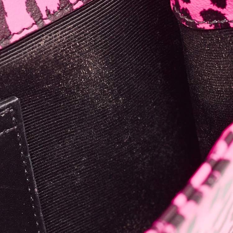 Pre Owned Saint Laurent Neon Pink Leopard Print Leather Monogram Cassandre Clutch