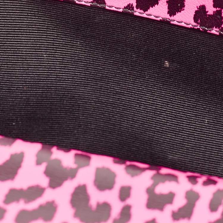 Pre Owned Saint Laurent Neon Pink Leopard Print Leather Monogram Cassandre Clutch