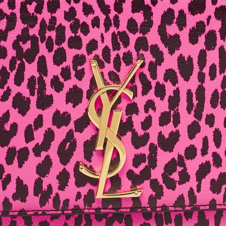 Pre Owned Saint Laurent Neon Pink Leopard Print Leather Monogram Cassandre Clutch