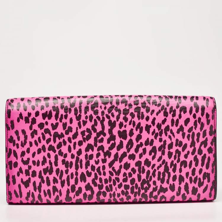 Pre Owned Saint Laurent Neon Pink Leopard Print Leather Monogram Cassandre Clutch