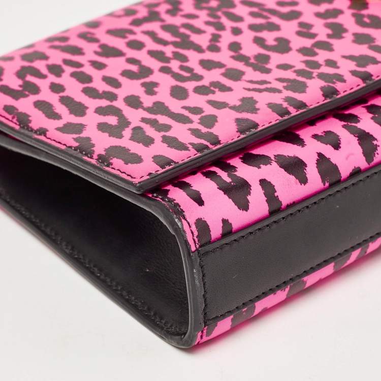 Pre Owned Saint Laurent Neon Pink Leopard Print Leather Monogram Cassandre Clutch