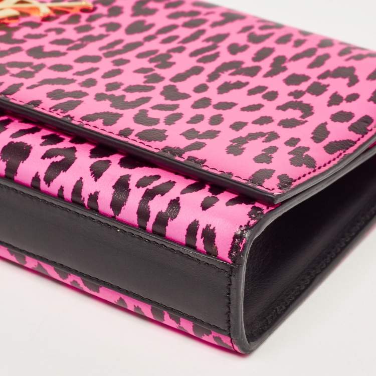 Pre Owned Saint Laurent Neon Pink Leopard Print Leather Monogram Cassandre Clutch
