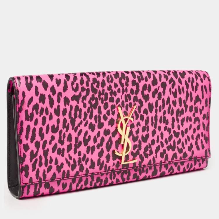 Pre Owned Saint Laurent Neon Pink Leopard Print Leather Monogram Cassandre Clutch
