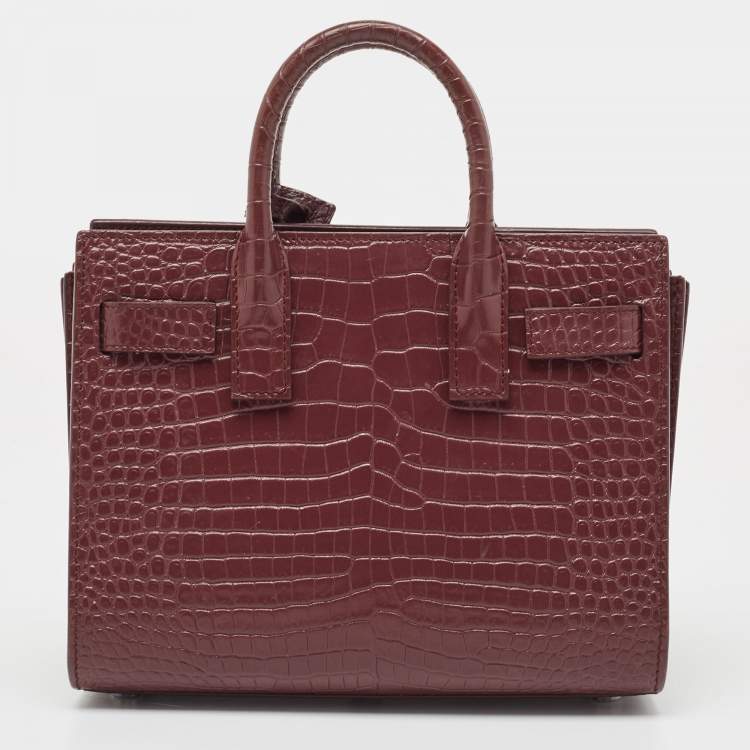 Pre Owned Saint Laurent Burgundy Croc Embossed Leather Nano Classic Sac De Jour Tote