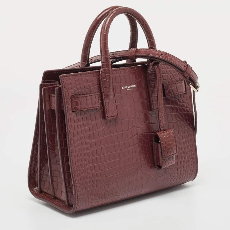 Pre Owned Saint Laurent Burgundy Croc Embossed Leather Nano Classic Sac De Jour Tote