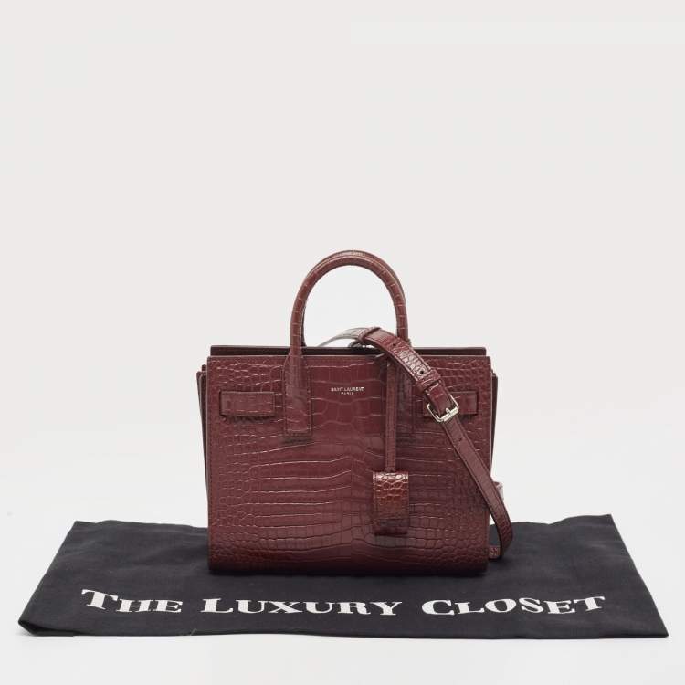 Pre Owned Saint Laurent Burgundy Croc Embossed Leather Nano Classic Sac De Jour Tote