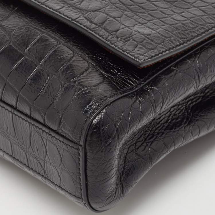 Pre Owned Saint Laurent Black Croc Embossed Leather and Suede Reversible Kate Bag