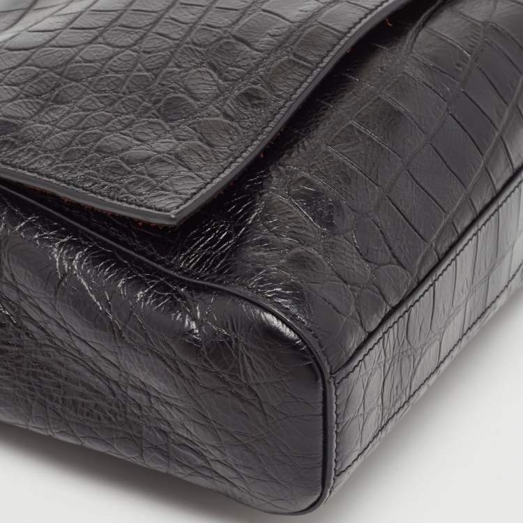 Pre Owned Saint Laurent Black Croc Embossed Leather and Suede Reversible Kate Bag