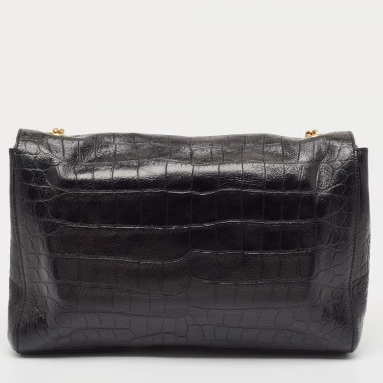 Pre Owned Saint Laurent Black Croc Embossed Leather and Suede Reversible Kate Bag