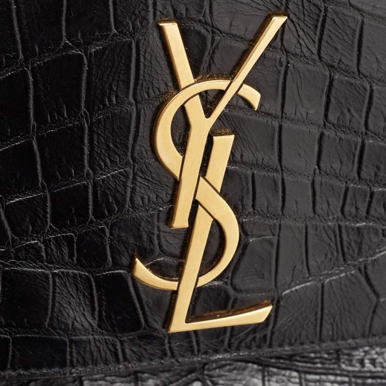 Pre Owned Saint Laurent Black Croc Embossed Leather and Suede Reversible Kate Bag