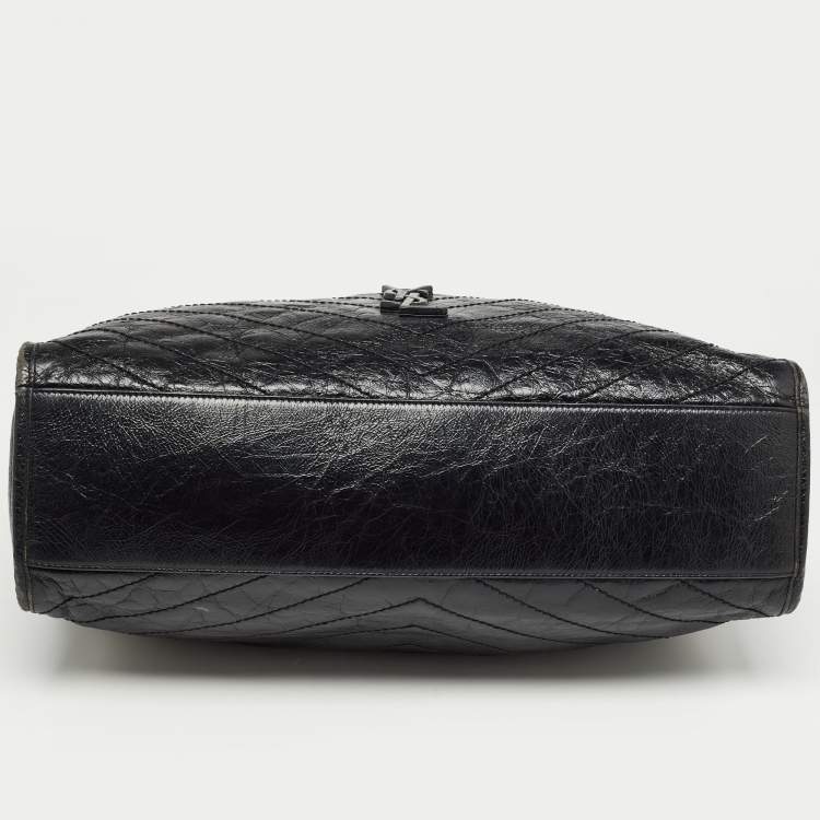 Pre Owned Saint Laurent Black Crinkled Leather Large Niko Shopper Tote
