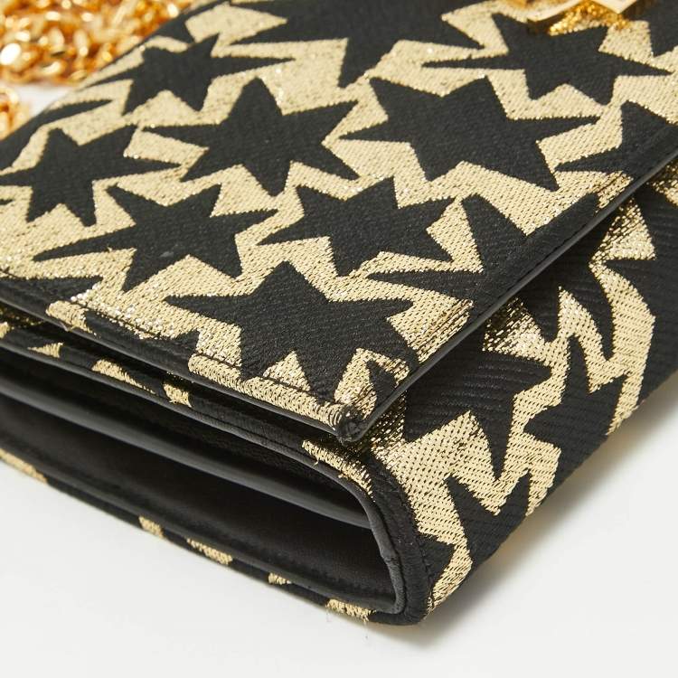 Pre Owned Saint Laurent Gold/Black Star Print Canvas and Canvas Monogram Wallet on Chain