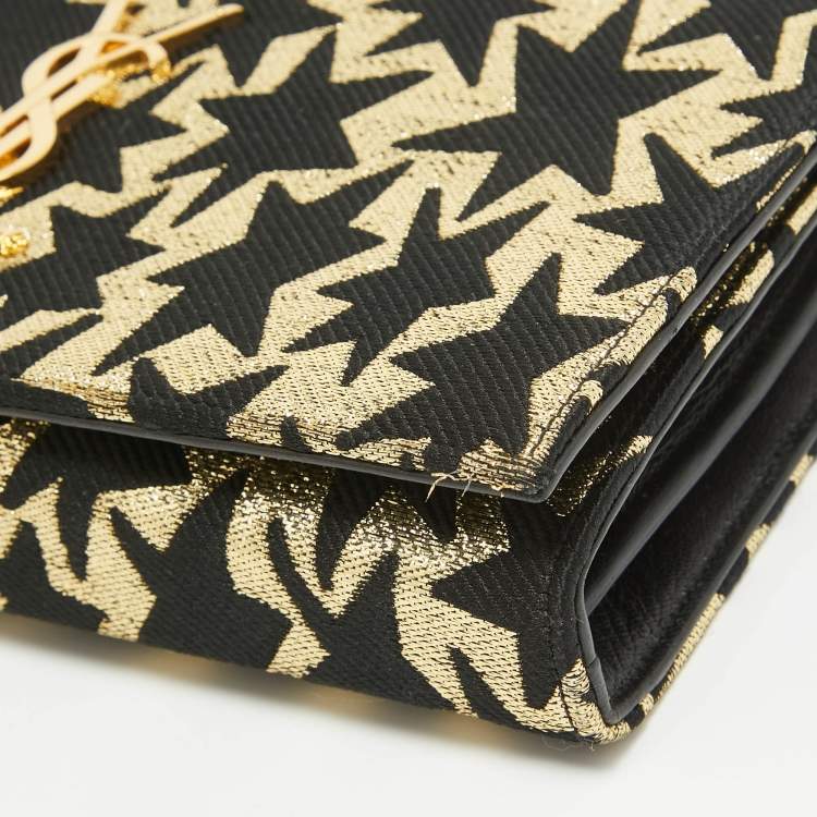Pre Owned Saint Laurent Gold/Black Star Print Canvas and Canvas Monogram Wallet on Chain